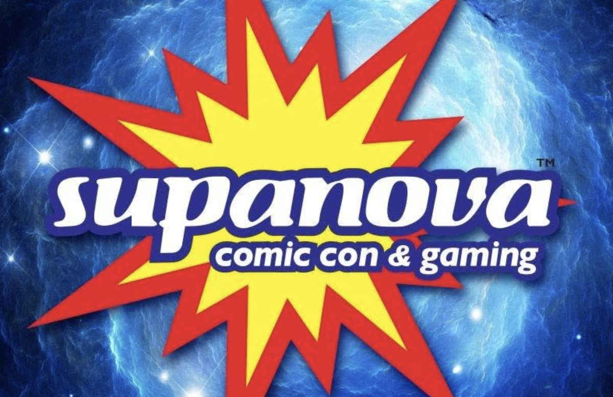 Official Supanova Comic Con & Gaming logo featuring white text over a red and yellow comic book starburst on a blue cosmic backdrop.